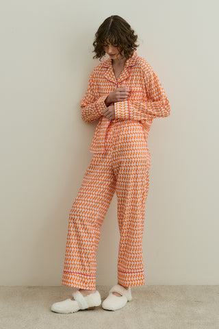 Desenli Pamuk Pijama Takımı Turuncu