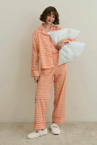 Desenli Pamuk Pijama Takımı Turuncu