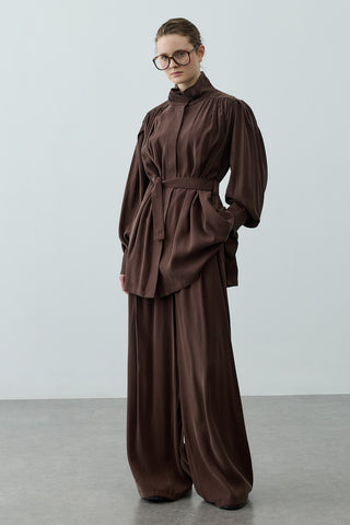 Dik Yaka Büzgülü Takım Kahverengi