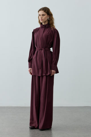 Dik Yaka Büzgülü Takım Mürdüm