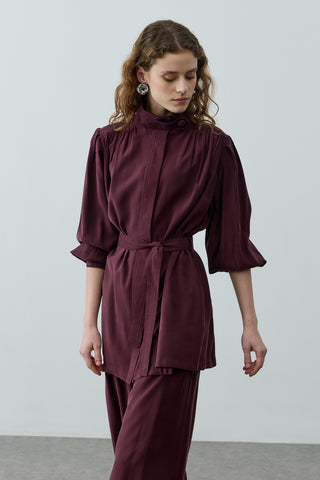 Dik Yaka Büzgülü Takım Mürdüm