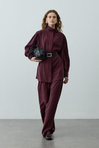 Dik Yaka Büzgülü Takım Mürdüm