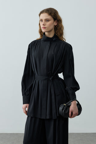 Dik Yaka Büzgülü Takım Siyah