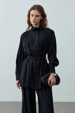 Dik Yaka Büzgülü Takım Siyah