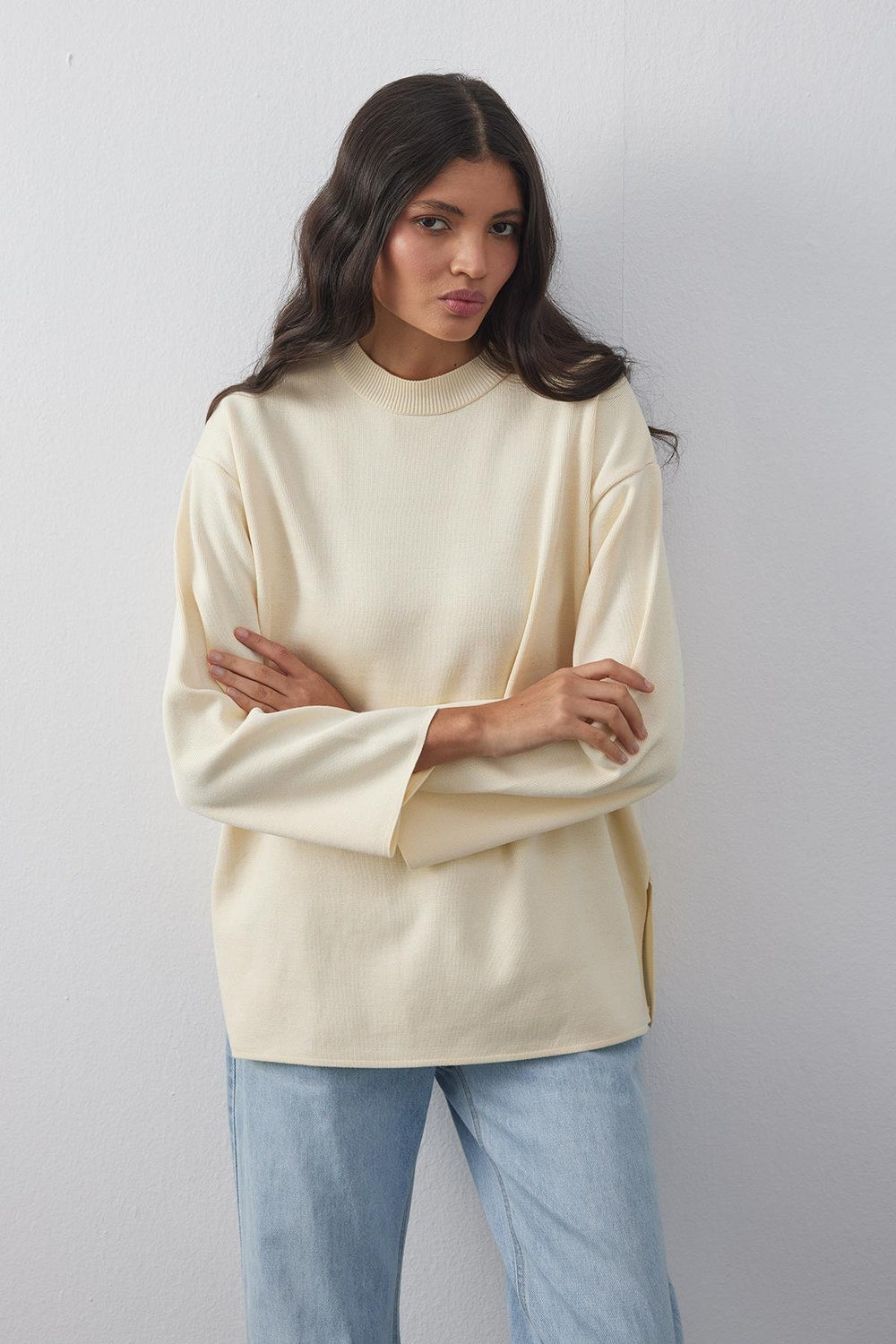 Stand Collar Tight Knit Sweater Cream
