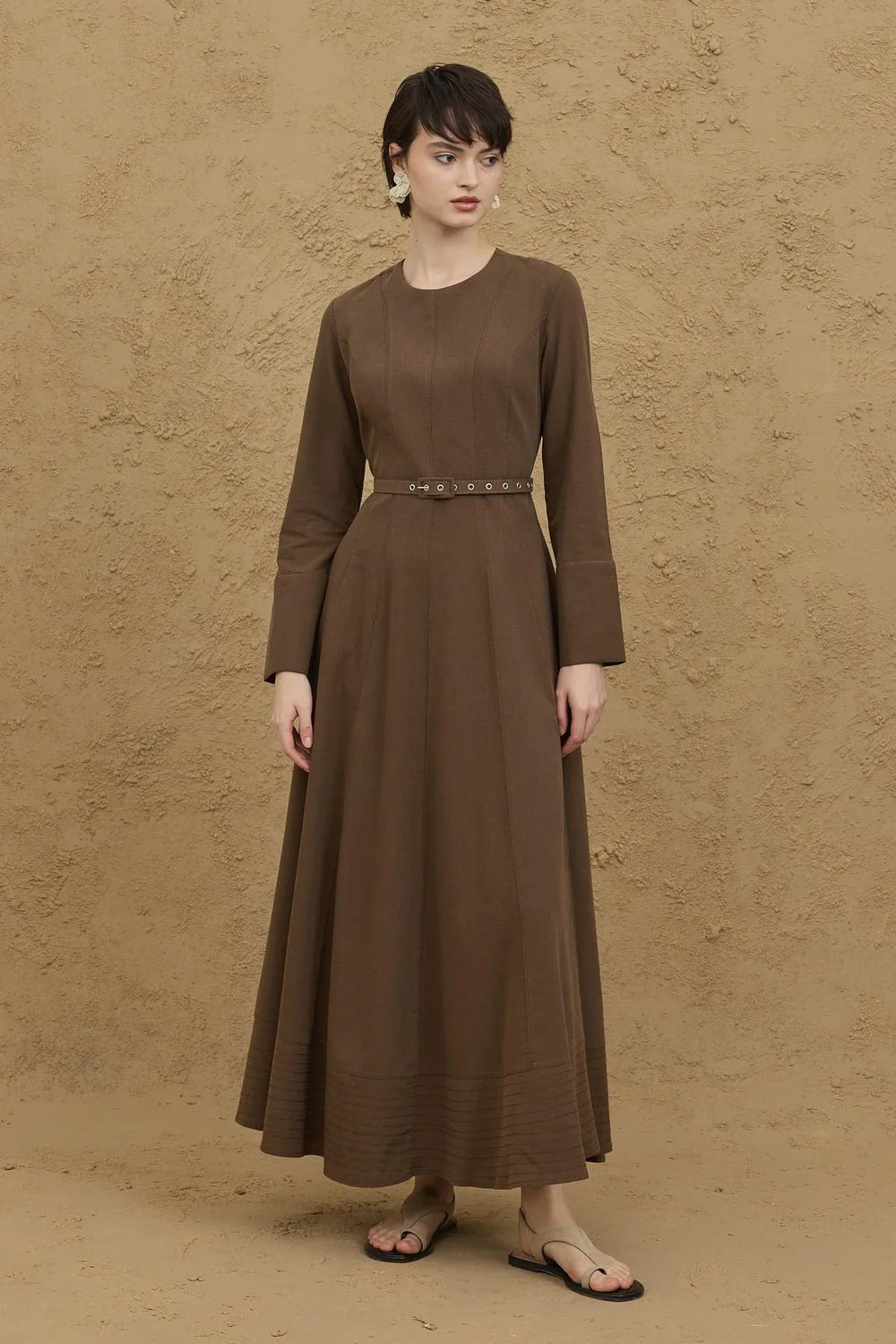 Light Brown Dress with Stitching Details
