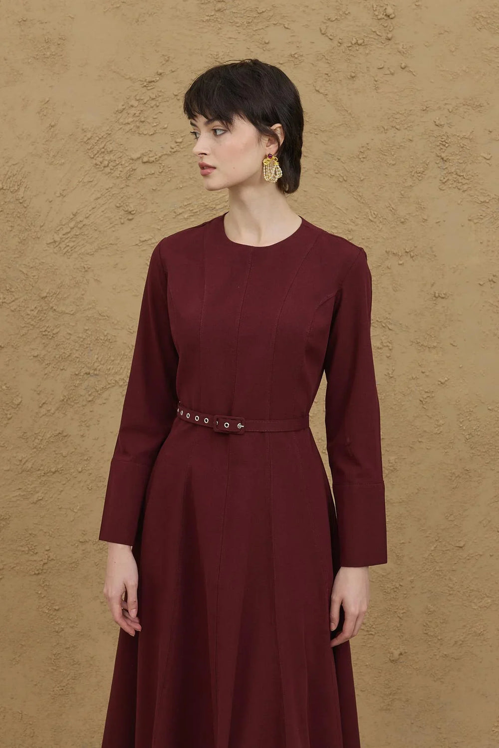 Dress with Stitching Details, Burgundy