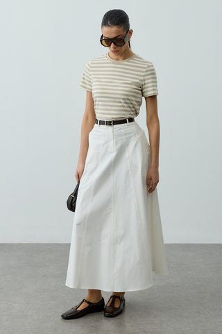 Dikiş Detaylı Gabardin Etek Ekru