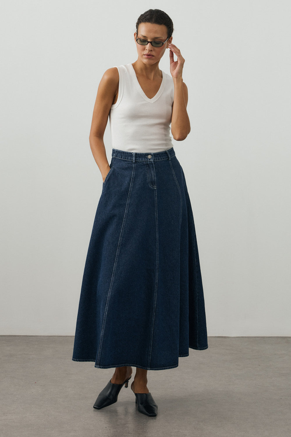 Dikişli Denim Etek Koyu Mavi