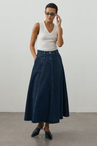 Dikişli Denim Etek Koyu Mavi