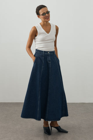 Dikişli Denim Etek Koyu Mavi