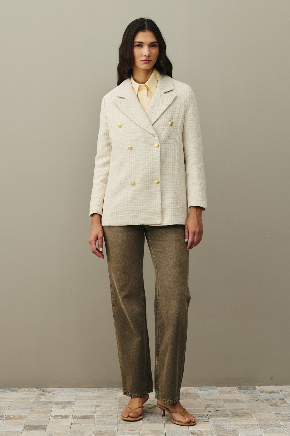 Textured Double Breasted Blazer Jacket Ecru