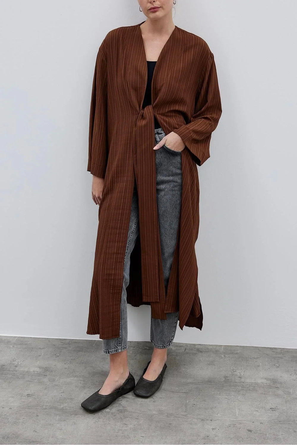 Textured Comfortable Women's Kimono Brown