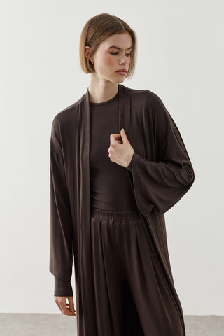 Dökümlü Rahat Kimono Kahverengi