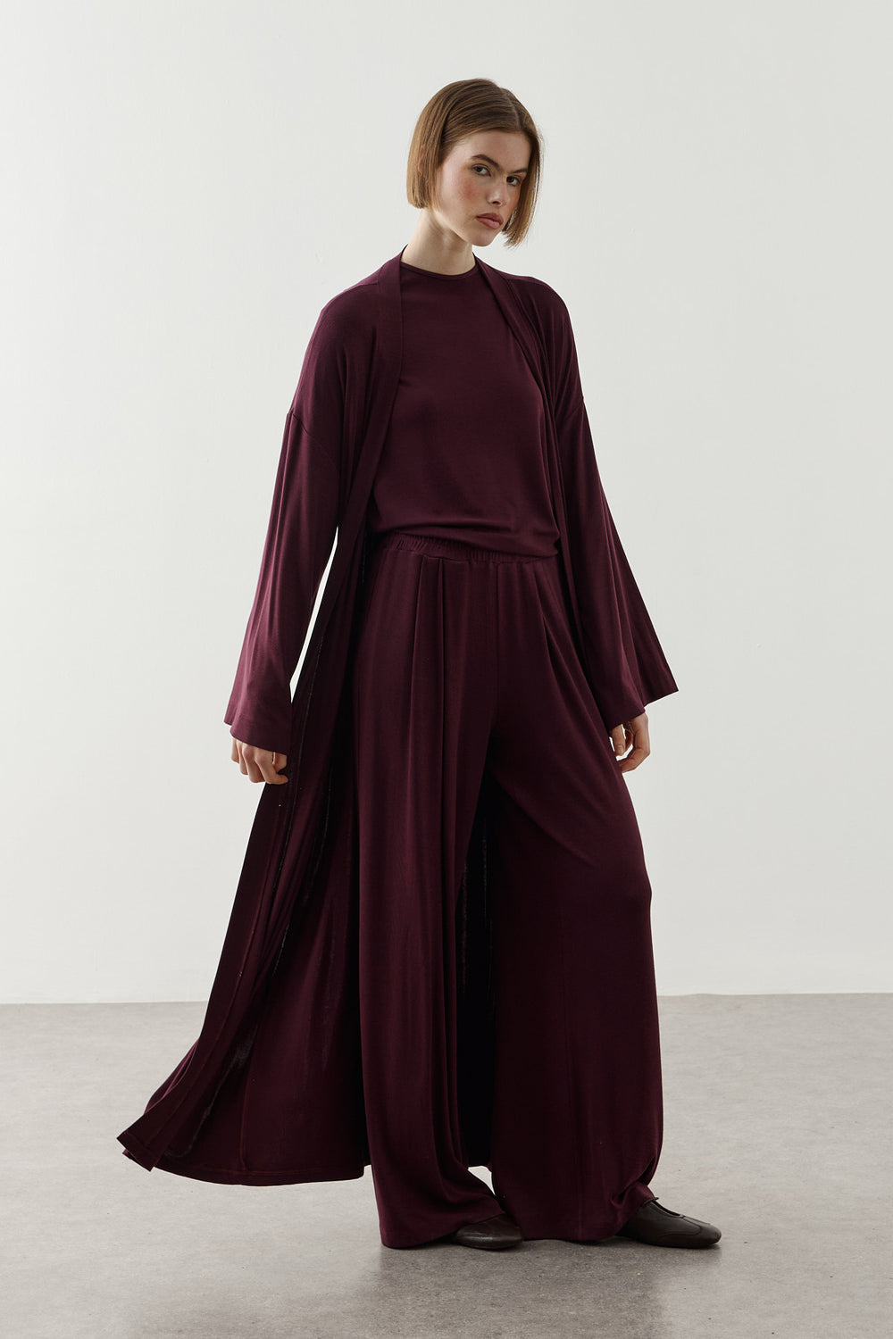Dökümlü Rahat Kimono Mürdüm