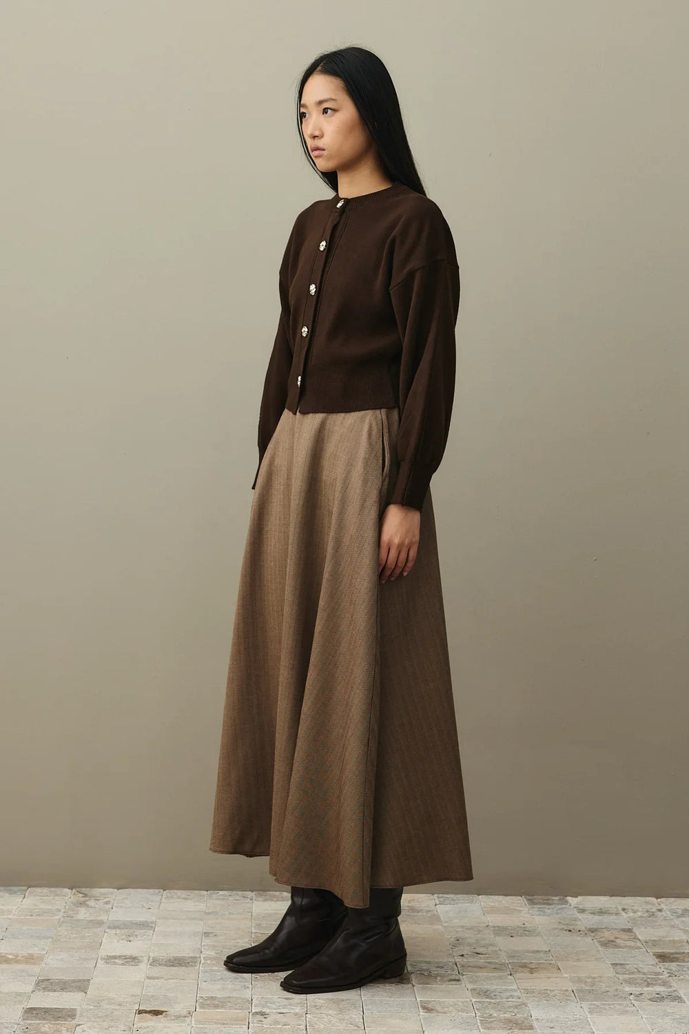 Gold Buttoned Knitted Cardigan Brown