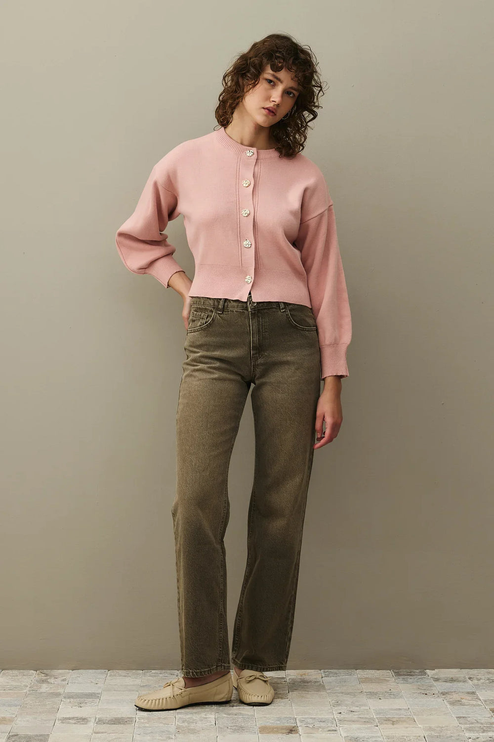 Gold Buttoned Knit Cardigan Pink