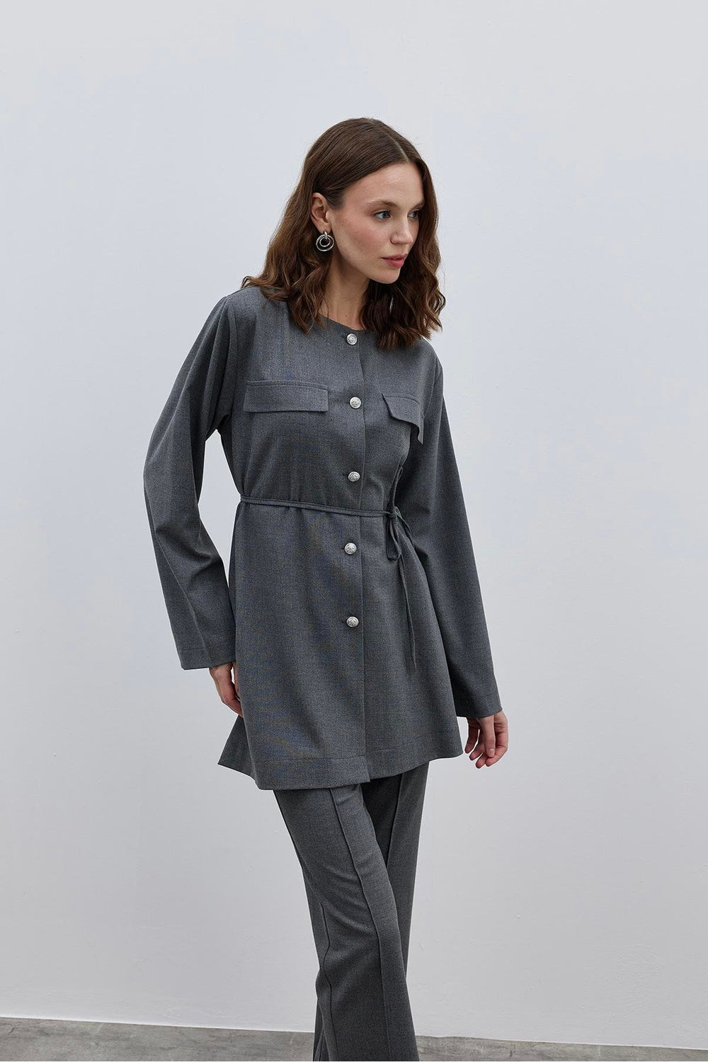 Buttoned Women's Suit Gray