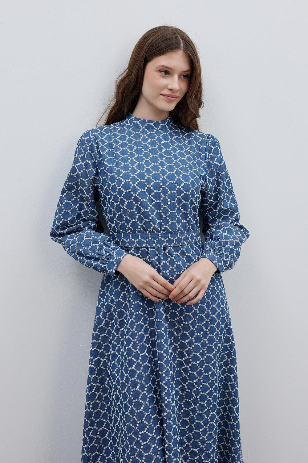 Plain Embroidered Dress Blue