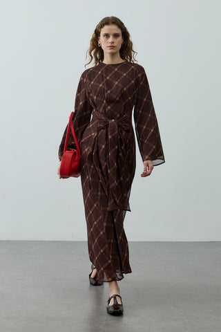 Ekose Bağlamalı Elbise Bordo