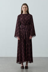 Ekose Bağlamalı Elbise Bordo