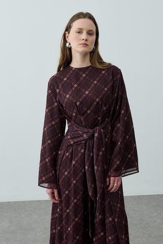 Ekose Bağlamalı Elbise Bordo