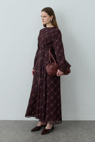 Ekose Bağlamalı Elbise Bordo