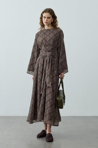 Ekose Bağlamalı Elbise Gri