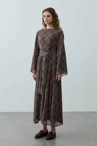 Ekose Bağlamalı Elbise Gri