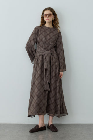 Ekose Bağlamalı Elbise Gri