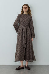 Ekose Bağlamalı Elbise Gri