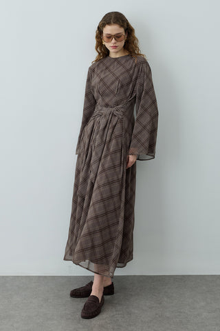 Ekose Bağlamalı Elbise Gri