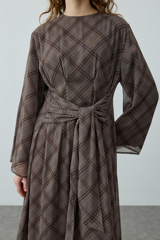 Ekose Bağlamalı Elbise Gri