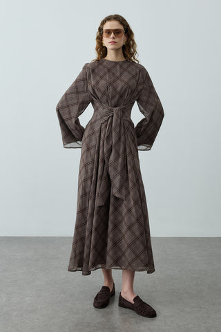 Ekose Bağlamalı Elbise Gri