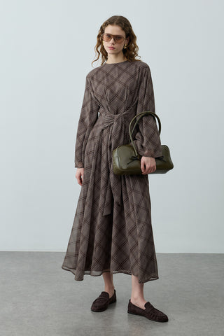 Ekose Bağlamalı Elbise Gri