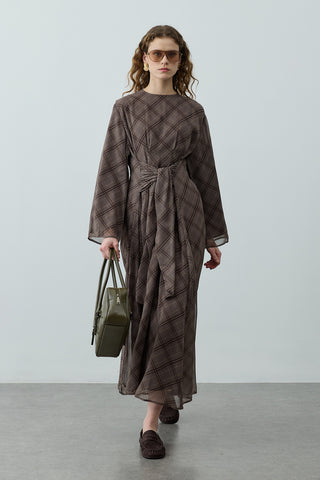 Ekose Bağlamalı Elbise Gri