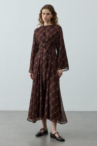 Ekose Bağlamalı Elbise Kahverengi