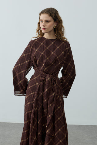 Ekose Bağlamalı Elbise Kahverengi