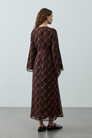 Ekose Bağlamalı Elbise Kahverengi