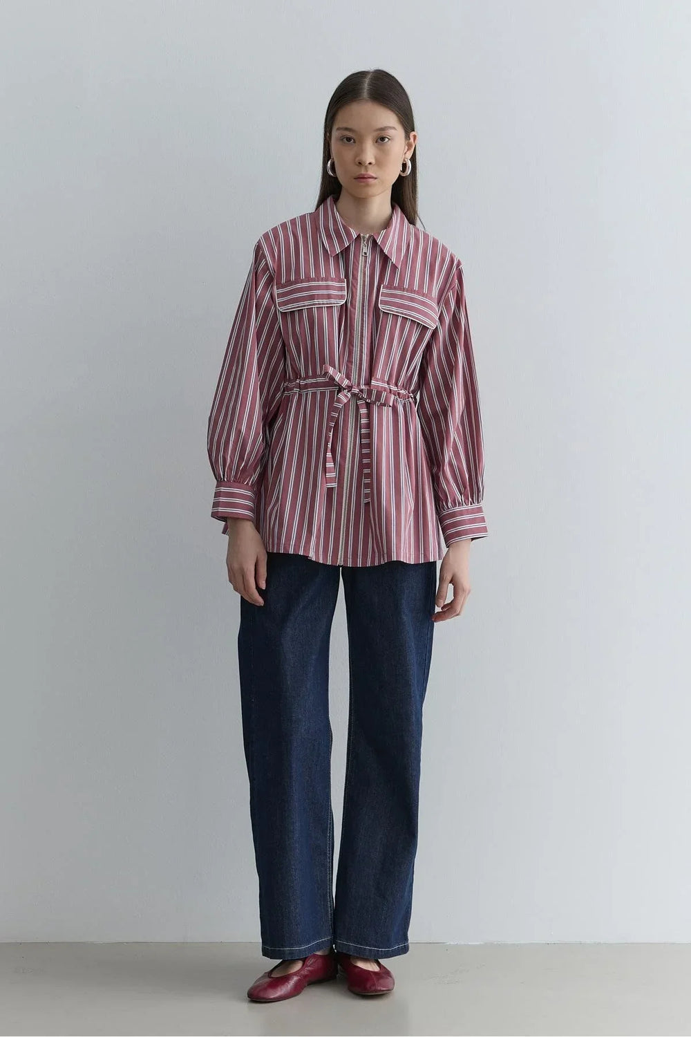Zippered Striped Shirt Burgundy