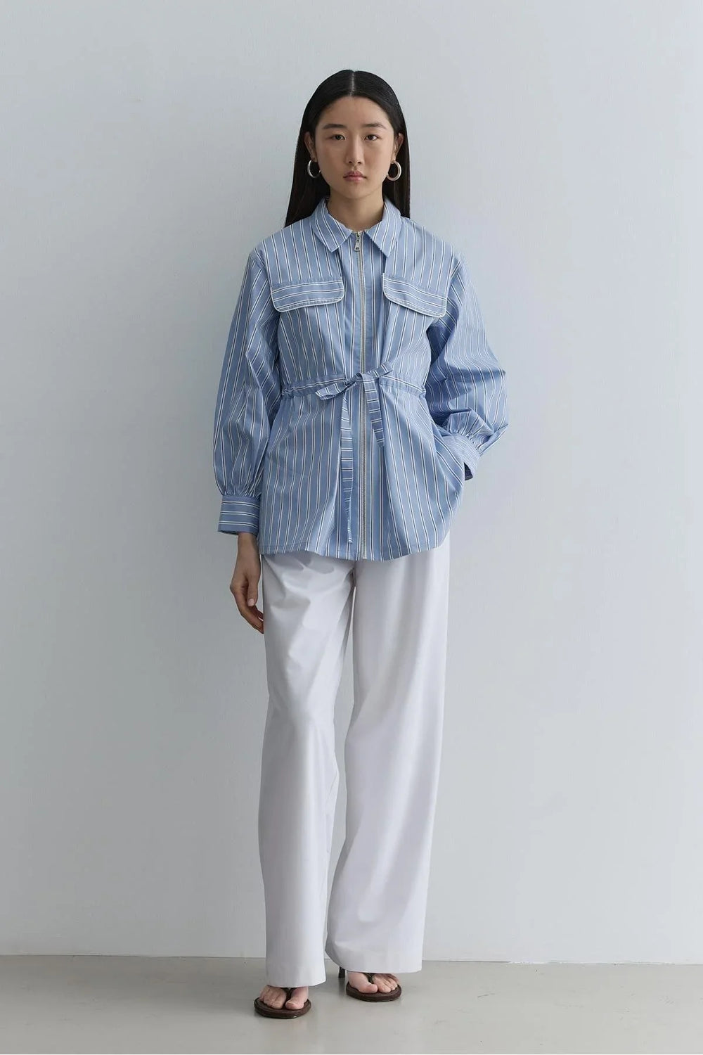 Zippered Striped Shirt Blue