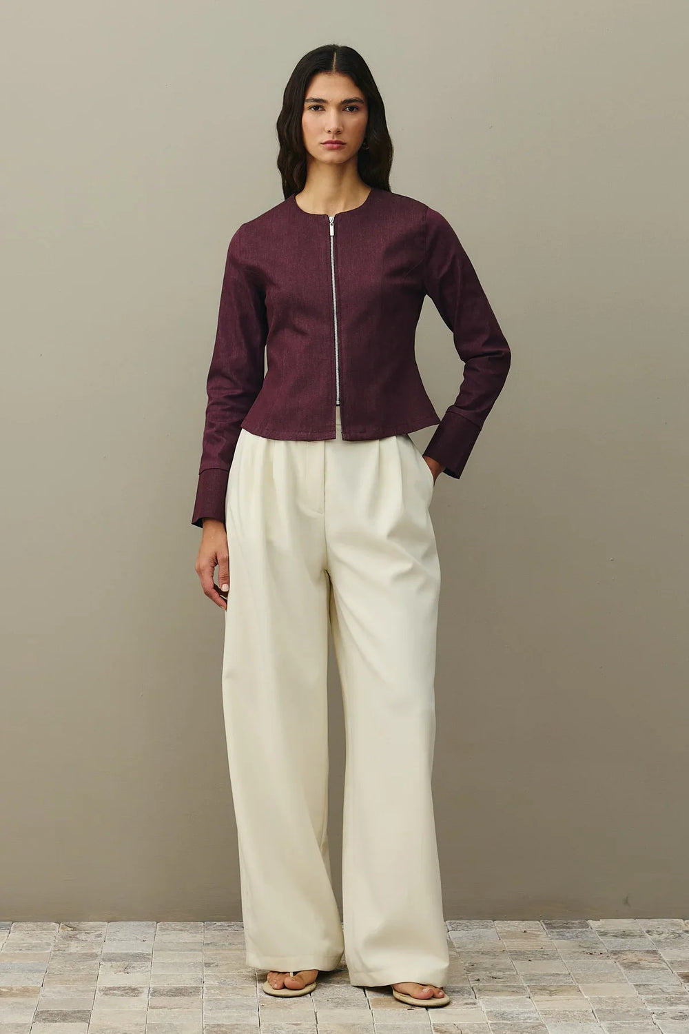 Zippered Denim Top Burgundy