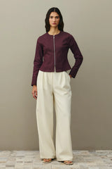 Fermuarlı Denim Üst Bordo