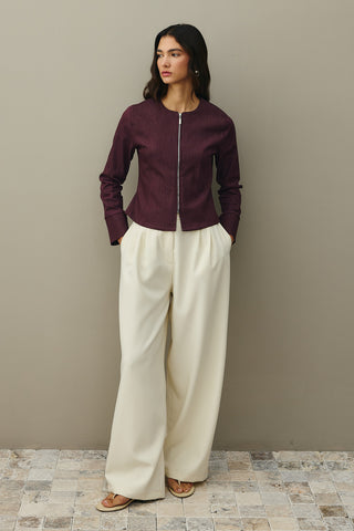 Fermuarlı Denim Üst Bordo