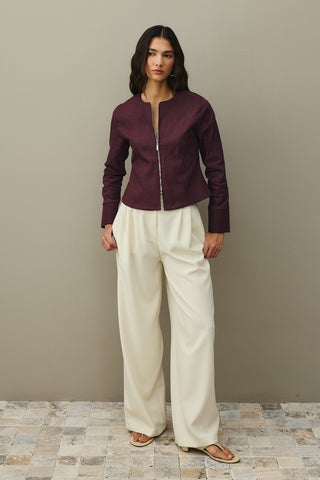 Fermuarlı Denim Üst Bordo
