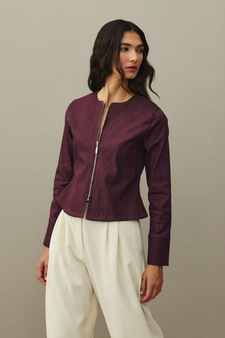 Fermuarlı Denim Üst Bordo