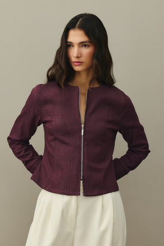 Fermuarlı Denim Üst Bordo
