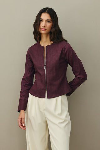 Fermuarlı Denim Üst Bordo