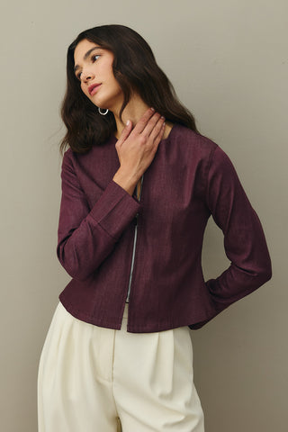 Fermuarlı Denim Üst Bordo