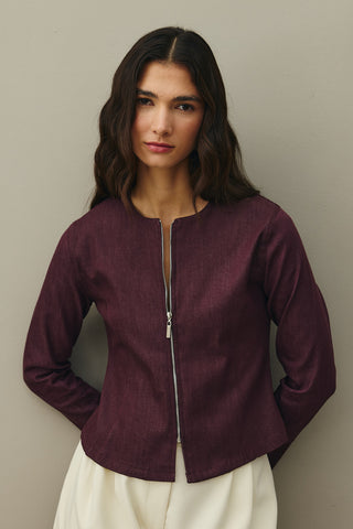 Fermuarlı Denim Üst Bordo